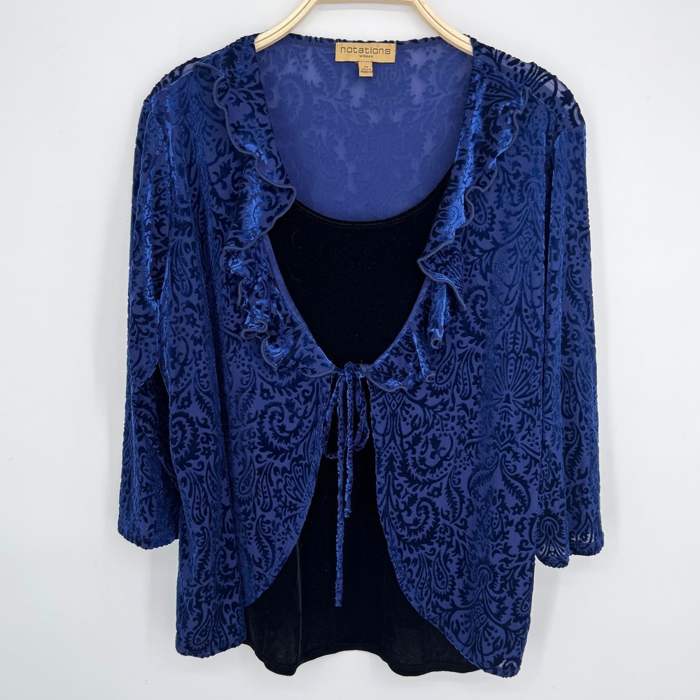 Notations Burnout Velvet Ruffle Tie Front Blouse Top 2X Blue Gothic Whimsigoth